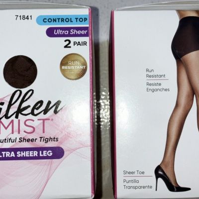 2 PAIR -L'EGGS SILKEN MIST - CONTROL TOP - ULTRA SHEER TIGHTS - Sz B - SUN BEIGE